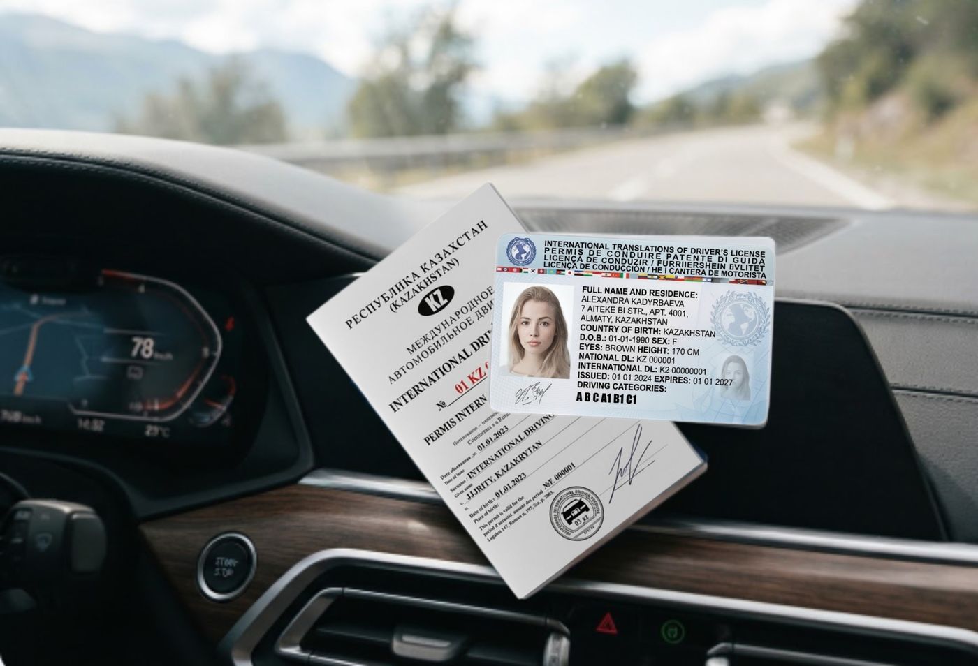 International driving permit on a car dashboard
